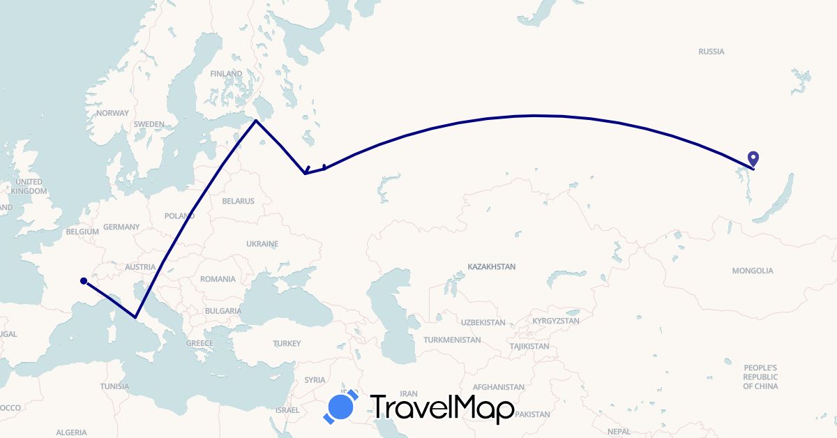 TravelMap itinerary: driving in France, Italy, Russia (Europe)